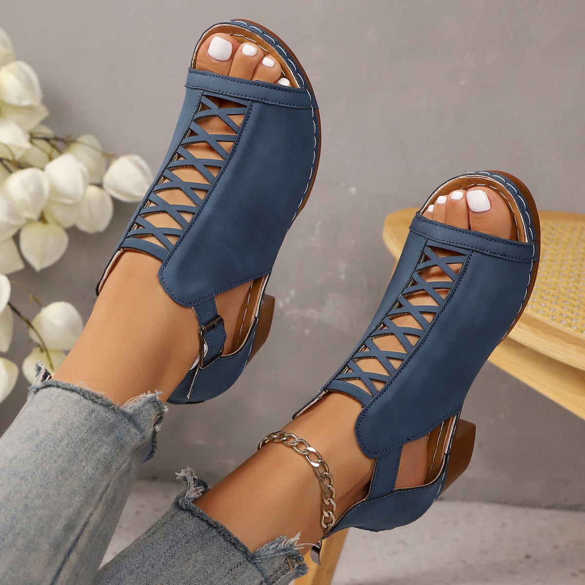 Open Toe Block Heels Sandals - Navy Blue - View 17