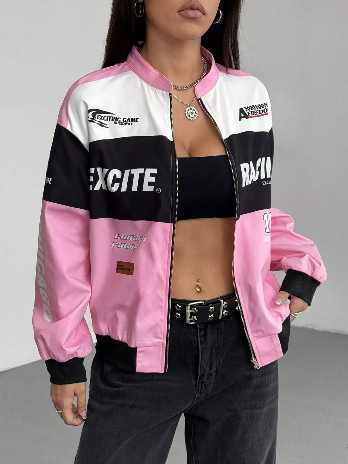Letter Print Zip Up Jacket - Pink - View 1