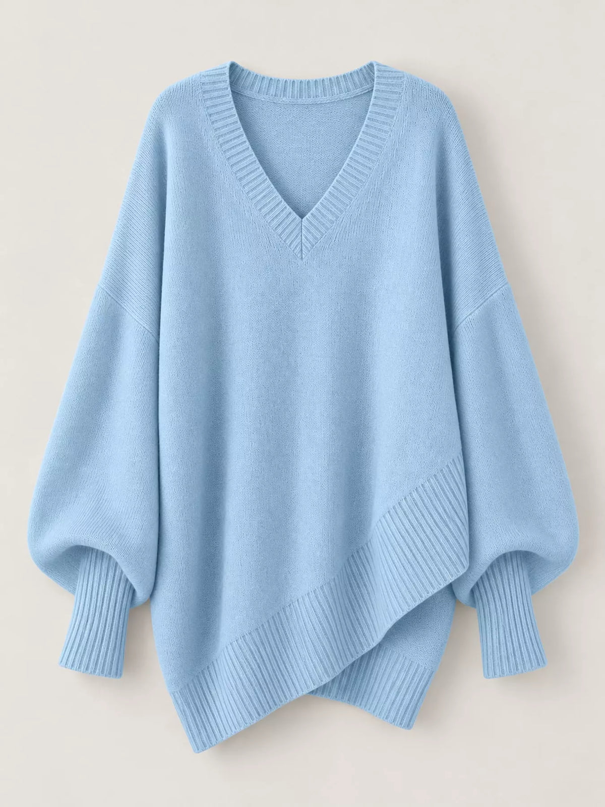 Full Size V-Neck Oversized Batwing Sleeve Sweater Plus Size - Light Blue - View 9