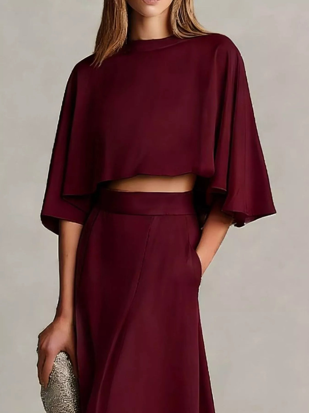 Full Size Satin Crop Top and Maxi Skirt Two-Piece Set Plus Size - Wine Red - View 2