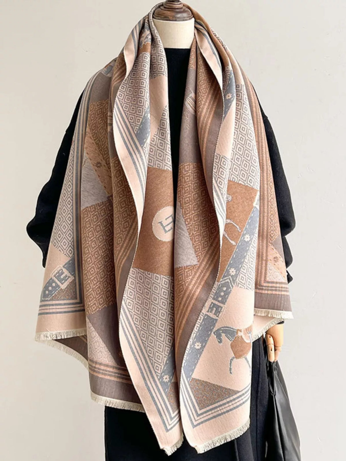 Equestrian Print Reversible Scarf - Brown - View 3