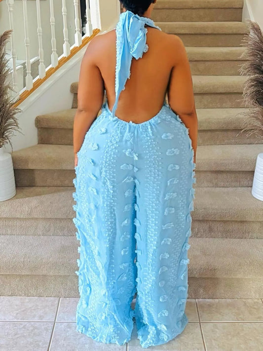 Textured Halter Wide-Leg Jumpsuit - Blue - View 2