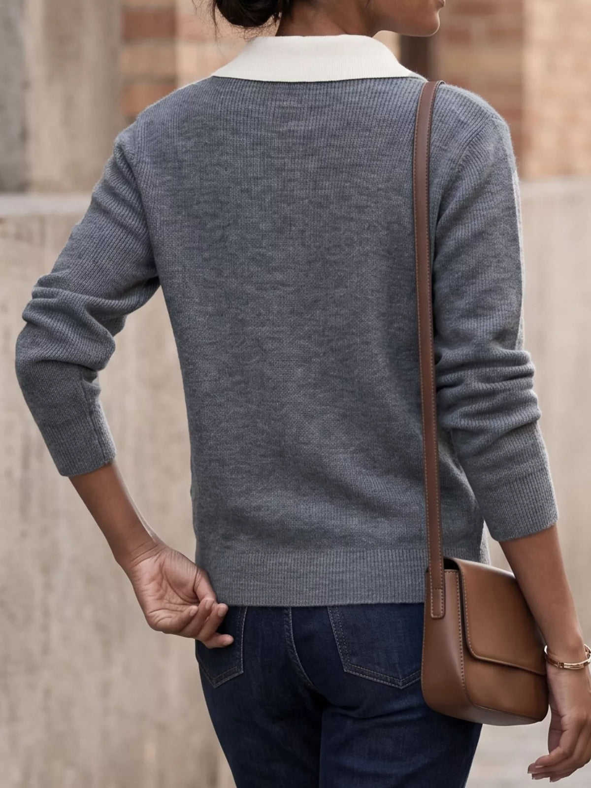 Contrast Collar Quarter Zip Sweater - Grey - View 6