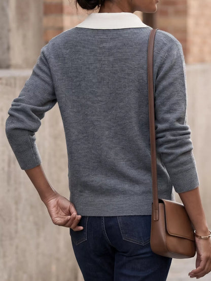Contrast Collar Quarter Zip Sweater - Grey - View 6