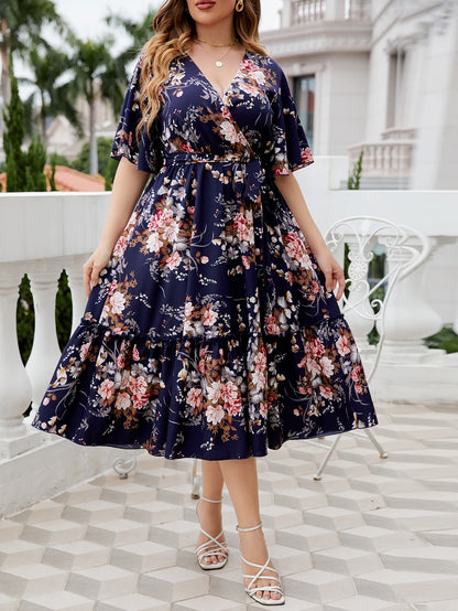 Honey Plus Size Floral Surplice Neck Midi Dress - Floral - View 3