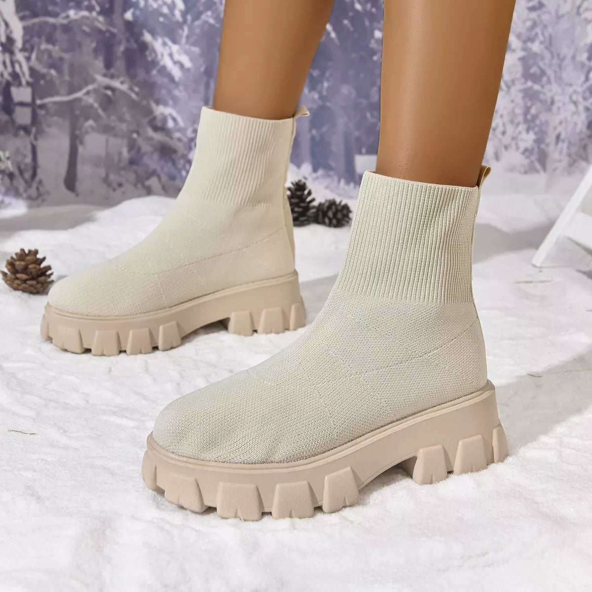 Round Toe Block Heels Boots - Beige - View 16