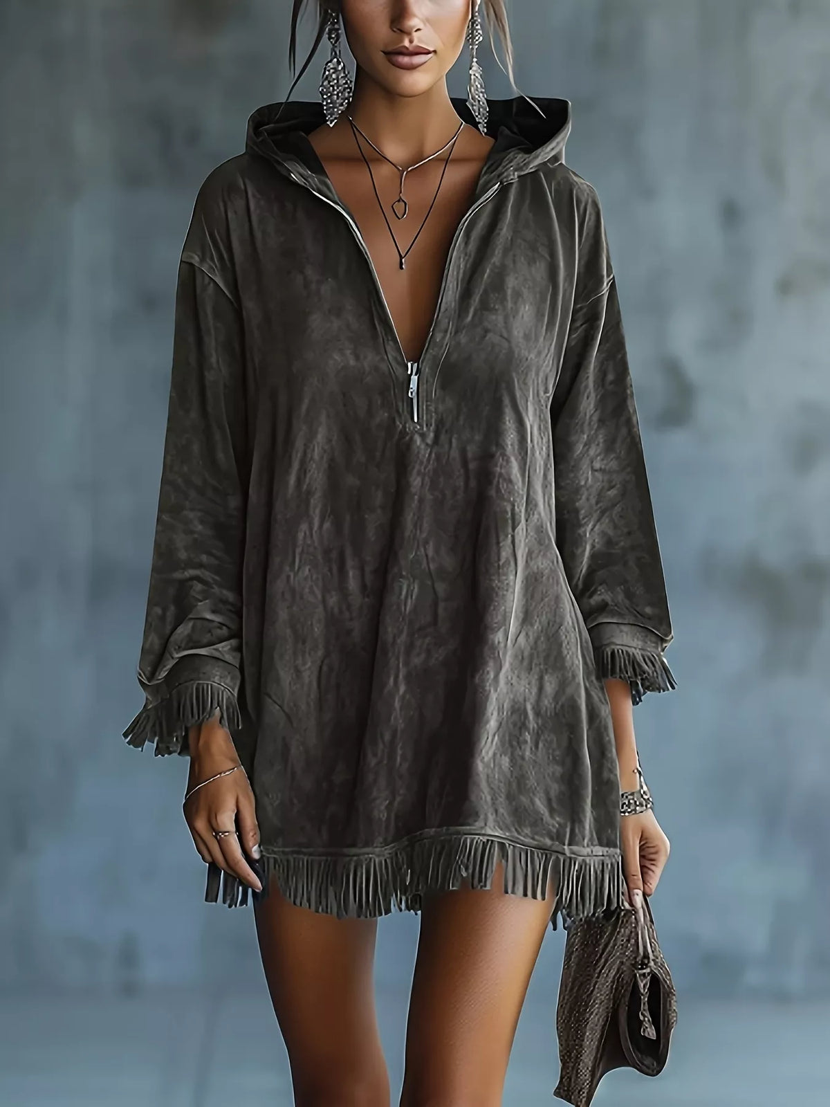 Full Size Hooded Fringed Half Zip Mini Dress Plus Size - Gray - View 1
