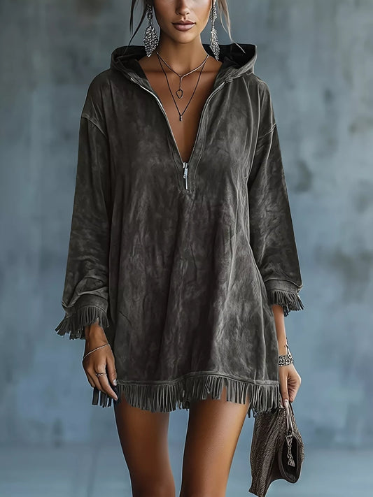 Full Size Hooded Fringed Half Zip Mini Dress Plus Size - Gray - View 1