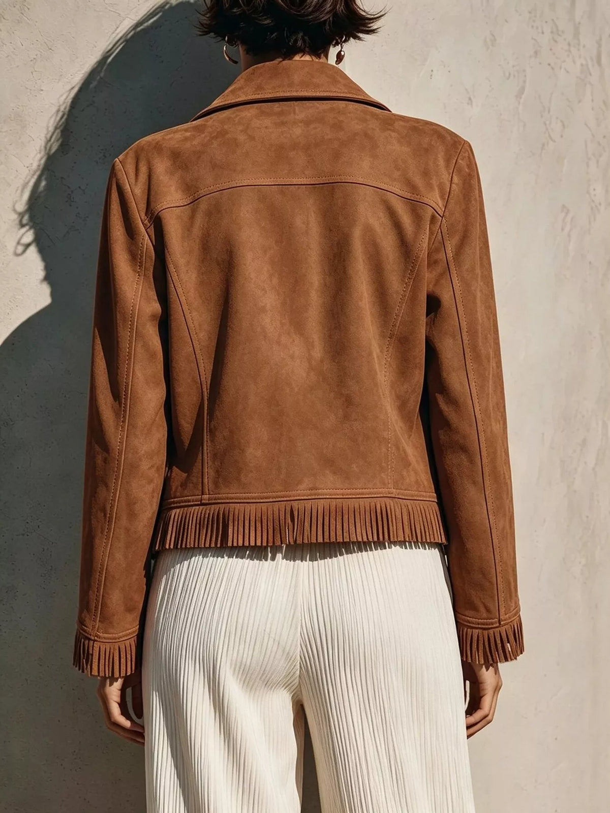 Fringe Hem Zip Up Jacket - Camel - View 2