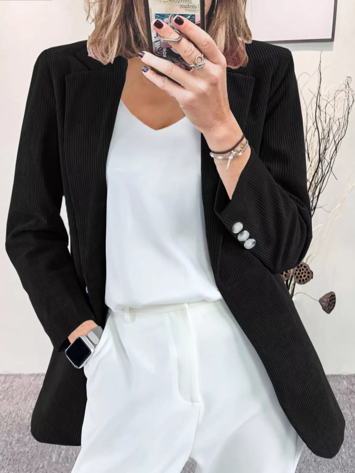 Corduroy Lapel Collar Casual Blazer - Black - View 4