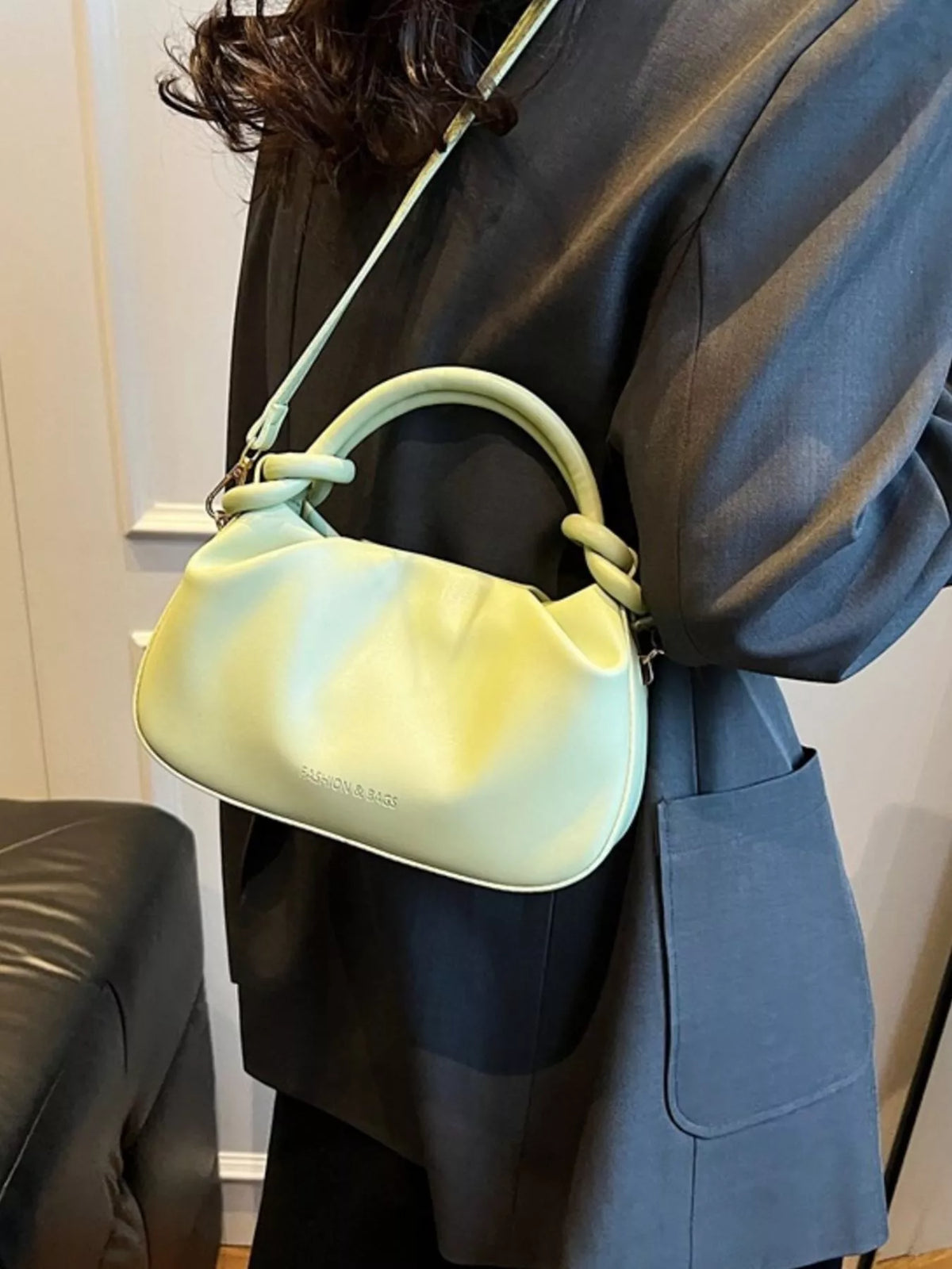 Knot Handle Ruched Crossbody Bag - Green - View 7