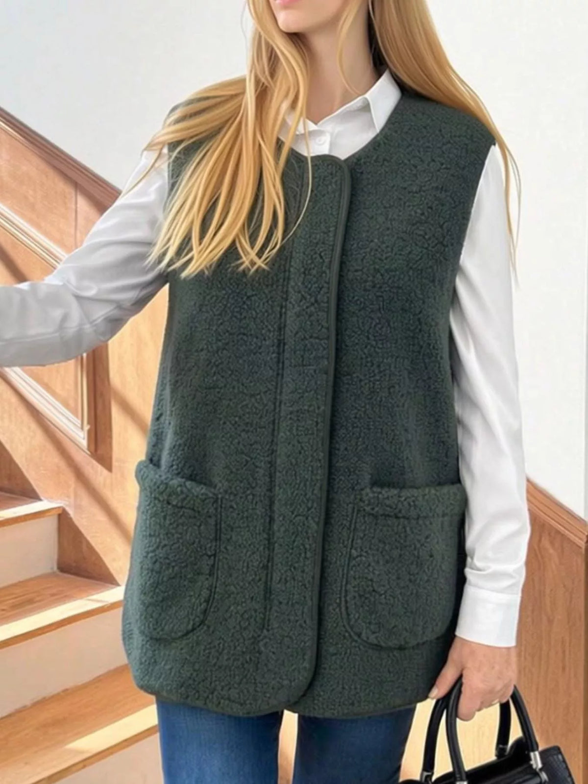 Sherpa Sleeveless Vest Coat - Dark Green - View 13