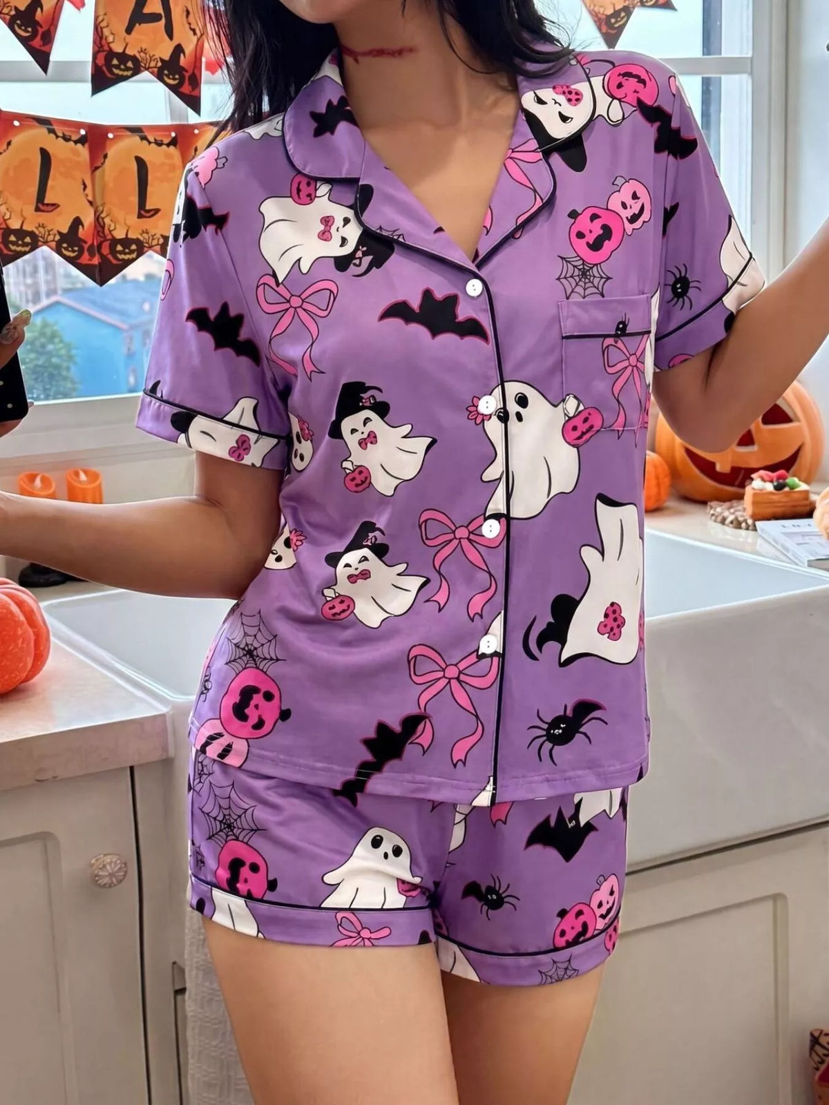 Halloween Ghost Print Button-Down Top and Shorts Lounge Set - Purple - View 1