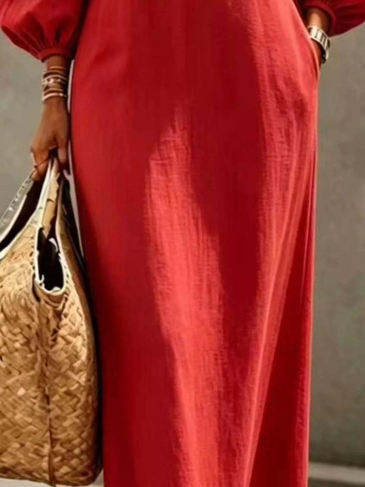 Decorative Button Balloon Sleeve Maxi Dress - Scarlet - View 3