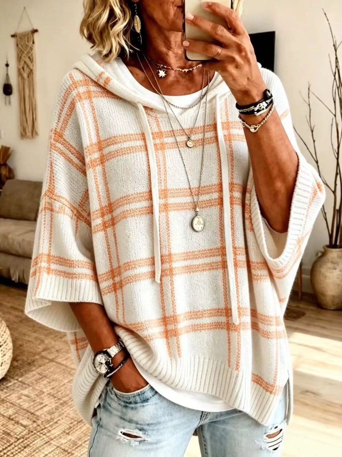 Full Size Drawstring Plaid Hooded Sweater Plus Size - White - View 1