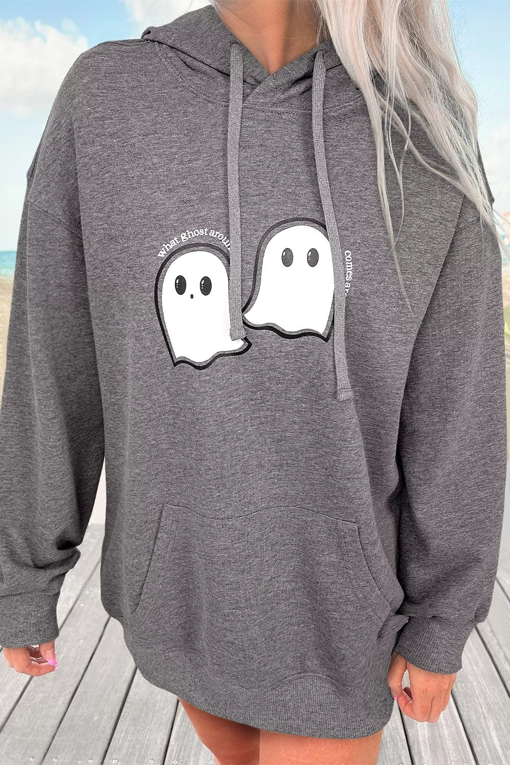 Halloween Ghost Print Mineral Wash Oversize Hoodie - Dark Gray - View 1