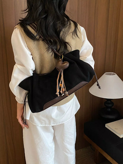 Vintage Drawstring Shoulder Bag - Black - View 6