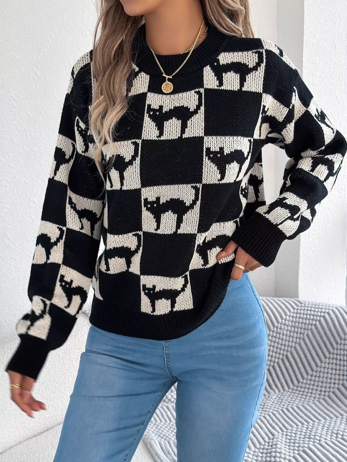 Checkerboard Halloween Graphic Sweater - Black - View 1