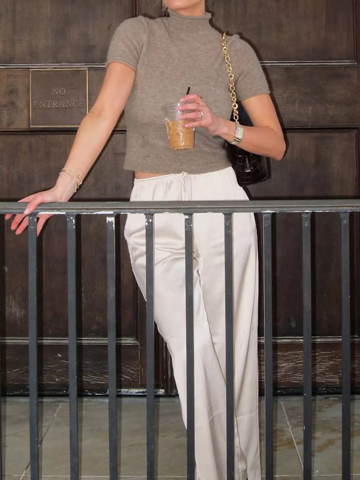 Mock Neck Short Sleeve Knit Sweater - Khaki Color - View 3