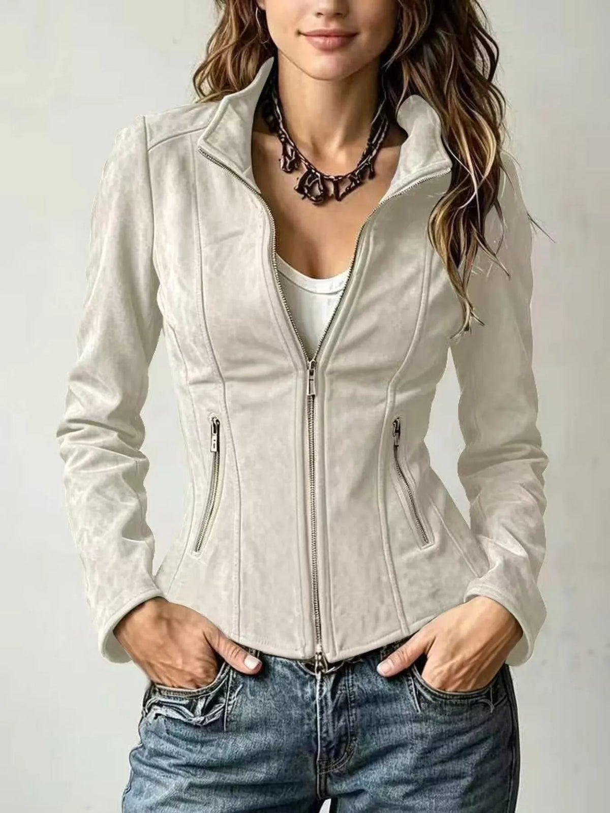Slim-Fit Zip-Up Jacket - Beige - View 1