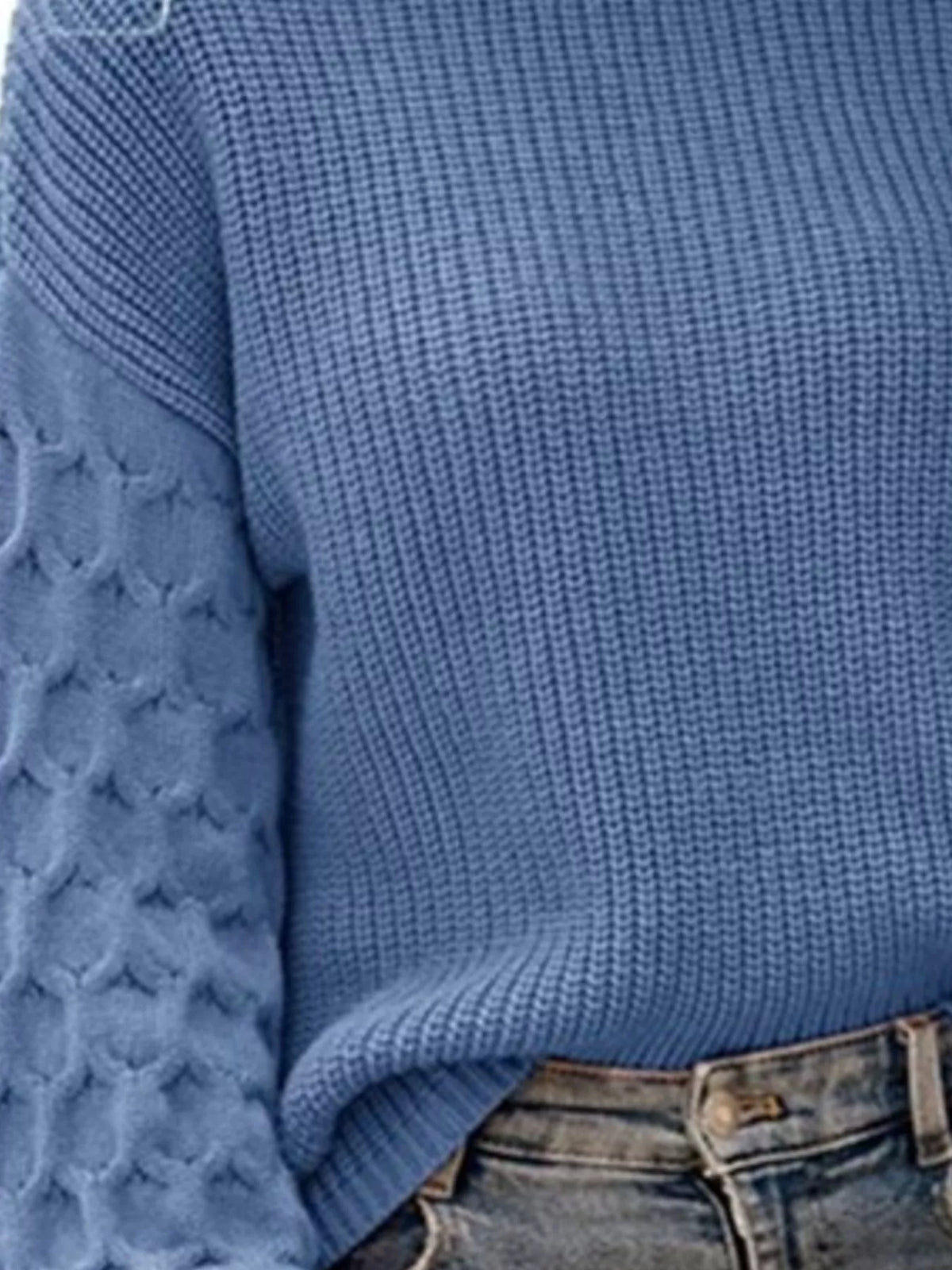 Textured Sleeve Round Neck Sweater - Blue - View 2
