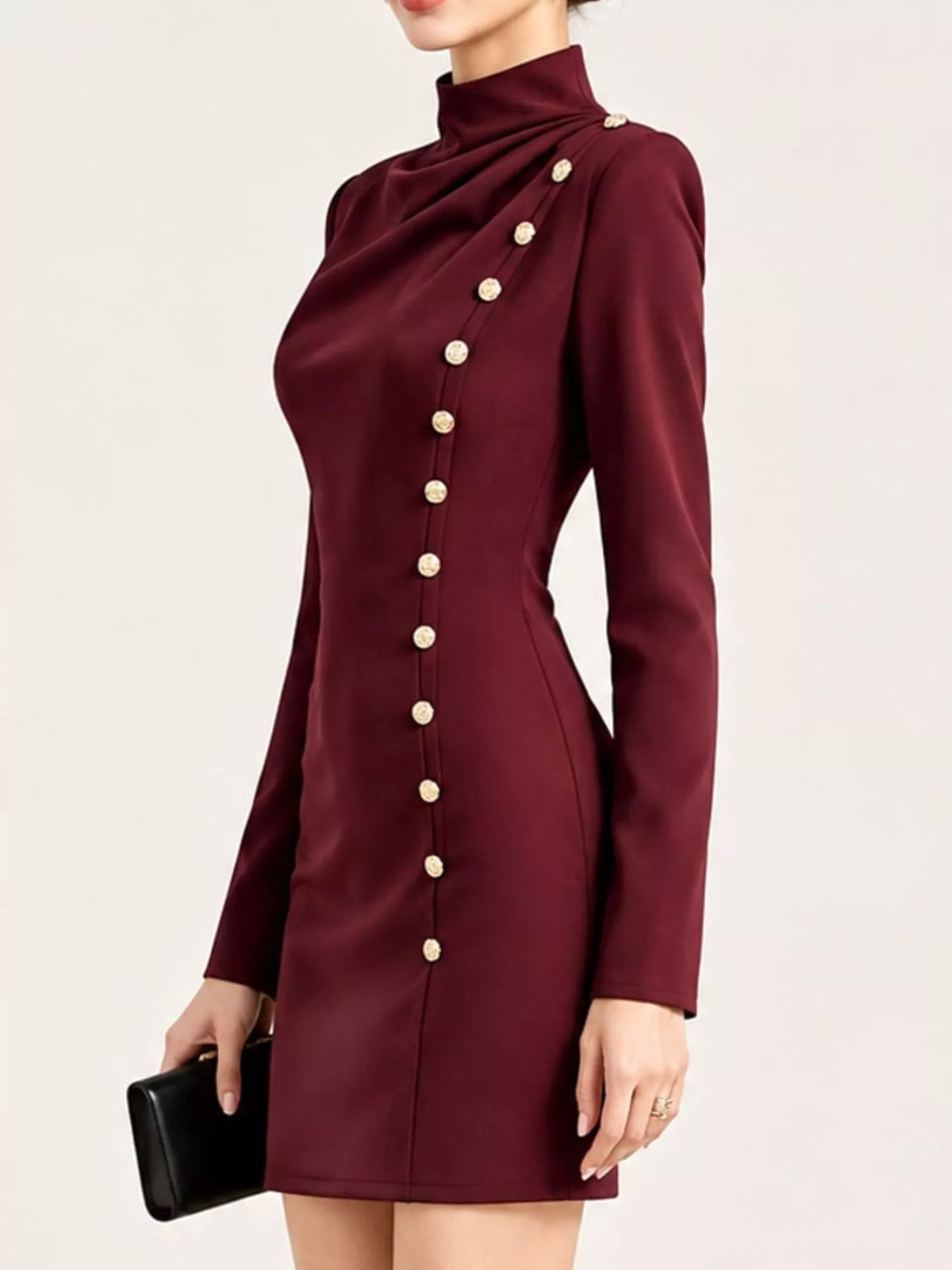 Full Size Decorative Button Mock Neck Mini Dress Plus Size - Burgundy - View 10
