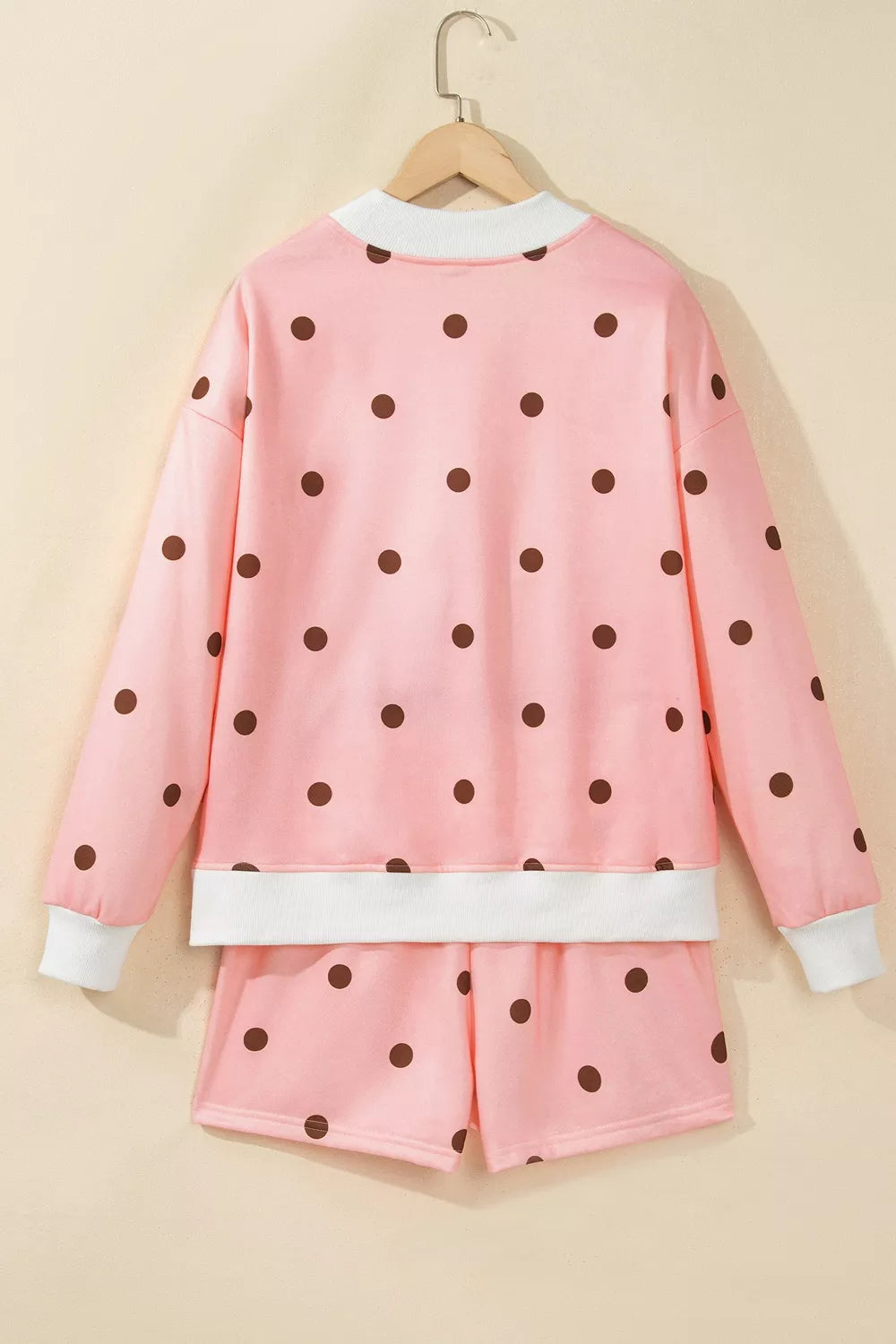 Polka Dot Long Sleeve Sweatshirt and Shorts Lounge Set - Pale Blush - View 4