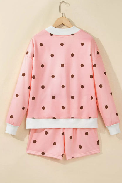Polka Dot Long Sleeve Sweatshirt and Shorts Lounge Set - Pale Blush - View 4