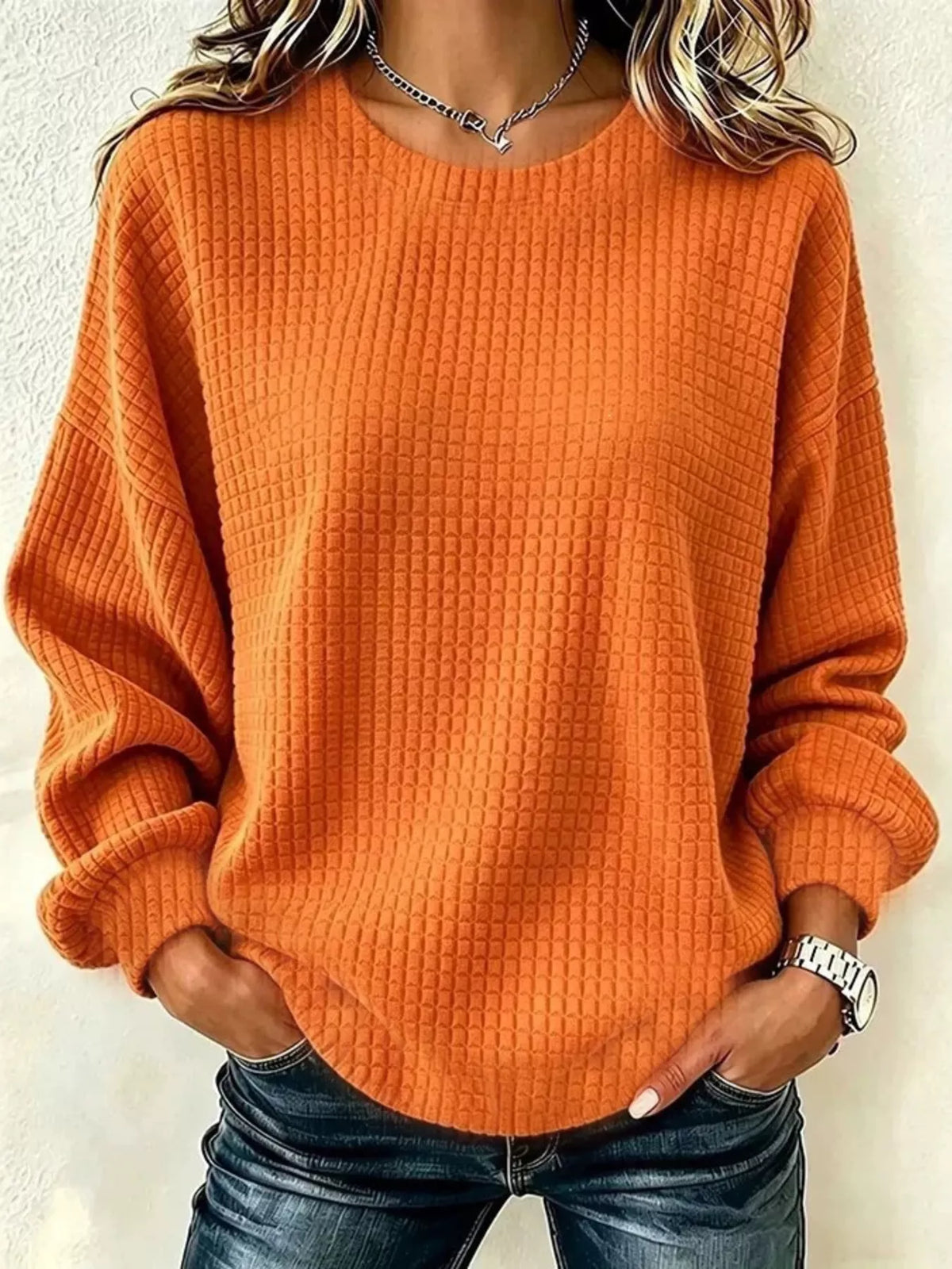 Full Size Waffle Knit Long Sleeve Crew Neck Sweatshirt Plus Size - Orange - View 1