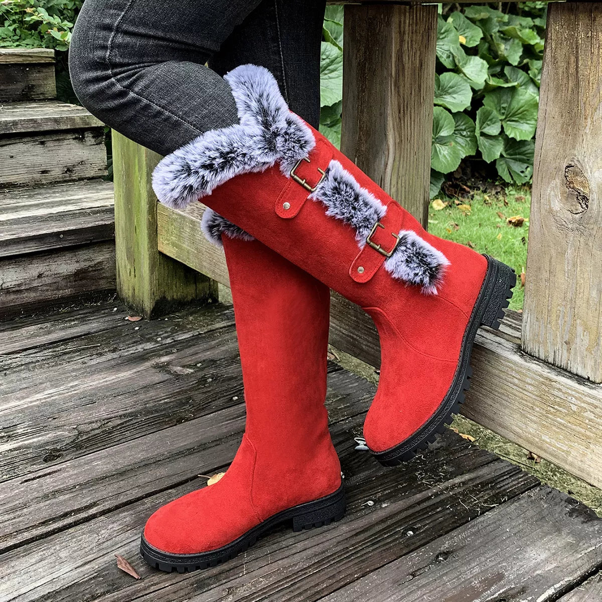 Round Toe Block Heels Boots - Red - View 1