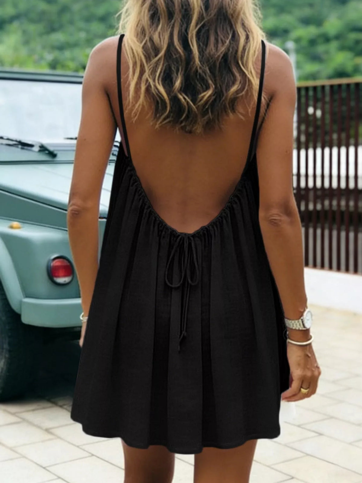 Full Size Backless Spaghetti Strap A-Line Mini Dress Plus Size - Black-Style C - View 8
