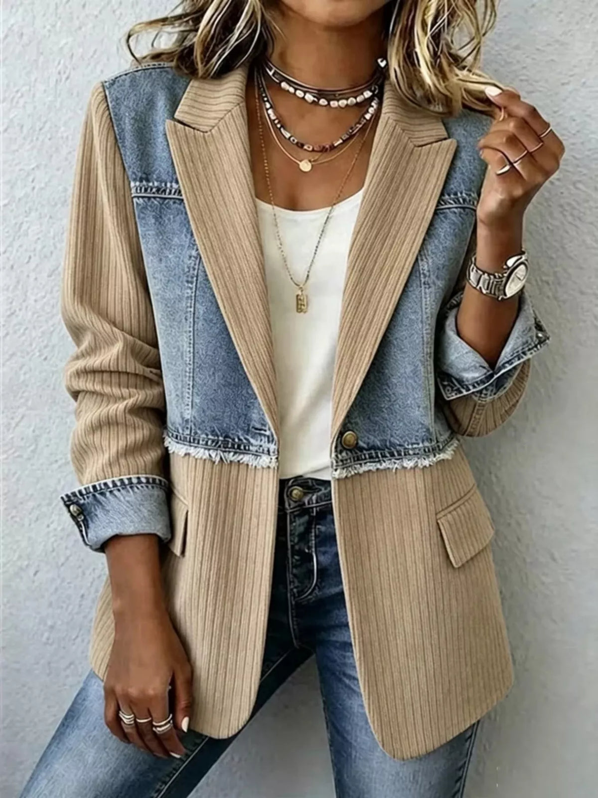 Full Size Patchwork Denim Ribbed Blazer Plus Size - Tan - View 1