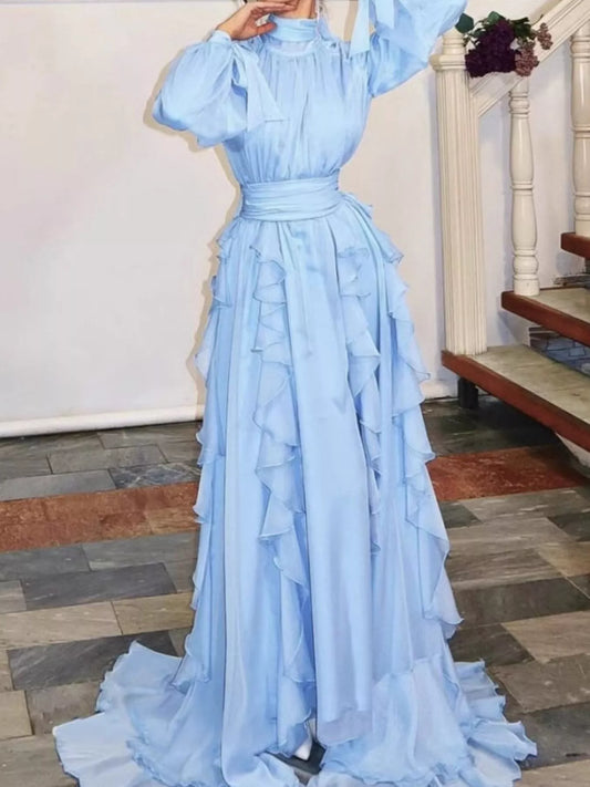 Ruffled Turtleneck Long Sleeve Maxi Dress - Light Blue - View 1