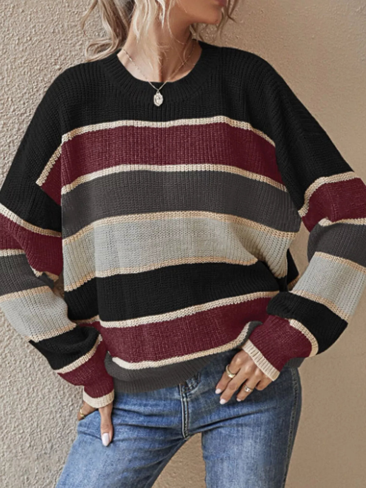 Color Block Striped Crew Neck Sweater - Black - View 1