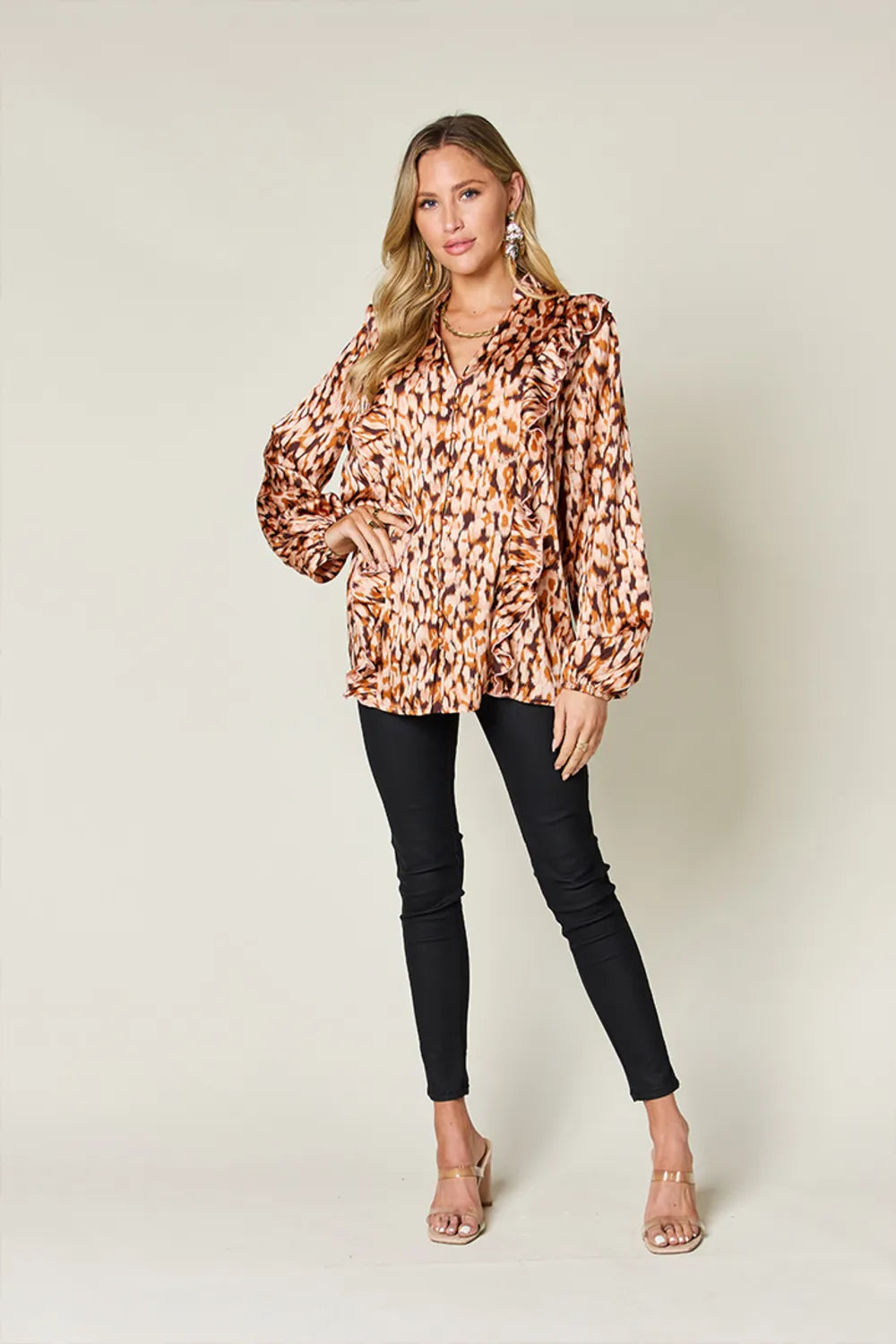 Double Take Full Size Printed Ruffle Trim Balloon Sleeve Shirt Plus Size - Caramel - View 5