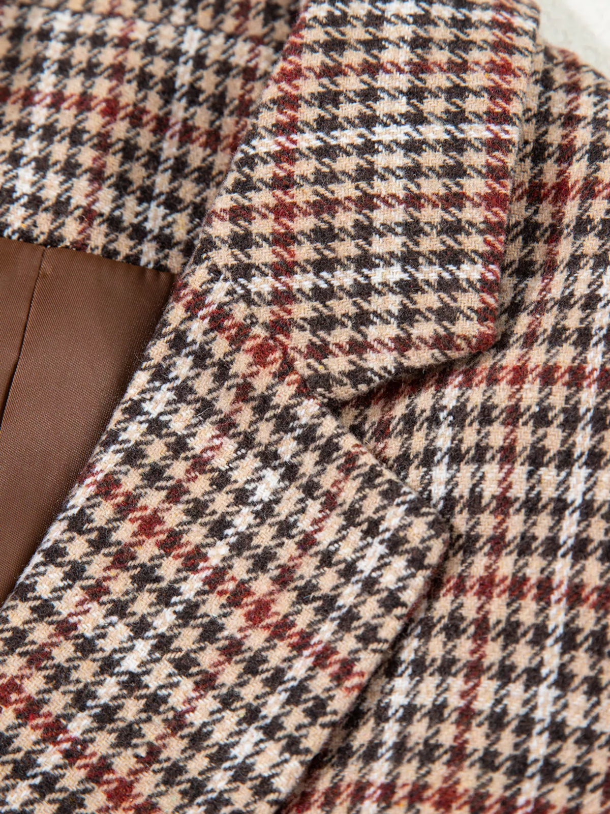 Houndstooth Lapel Collar Blazer - Camel - View 11