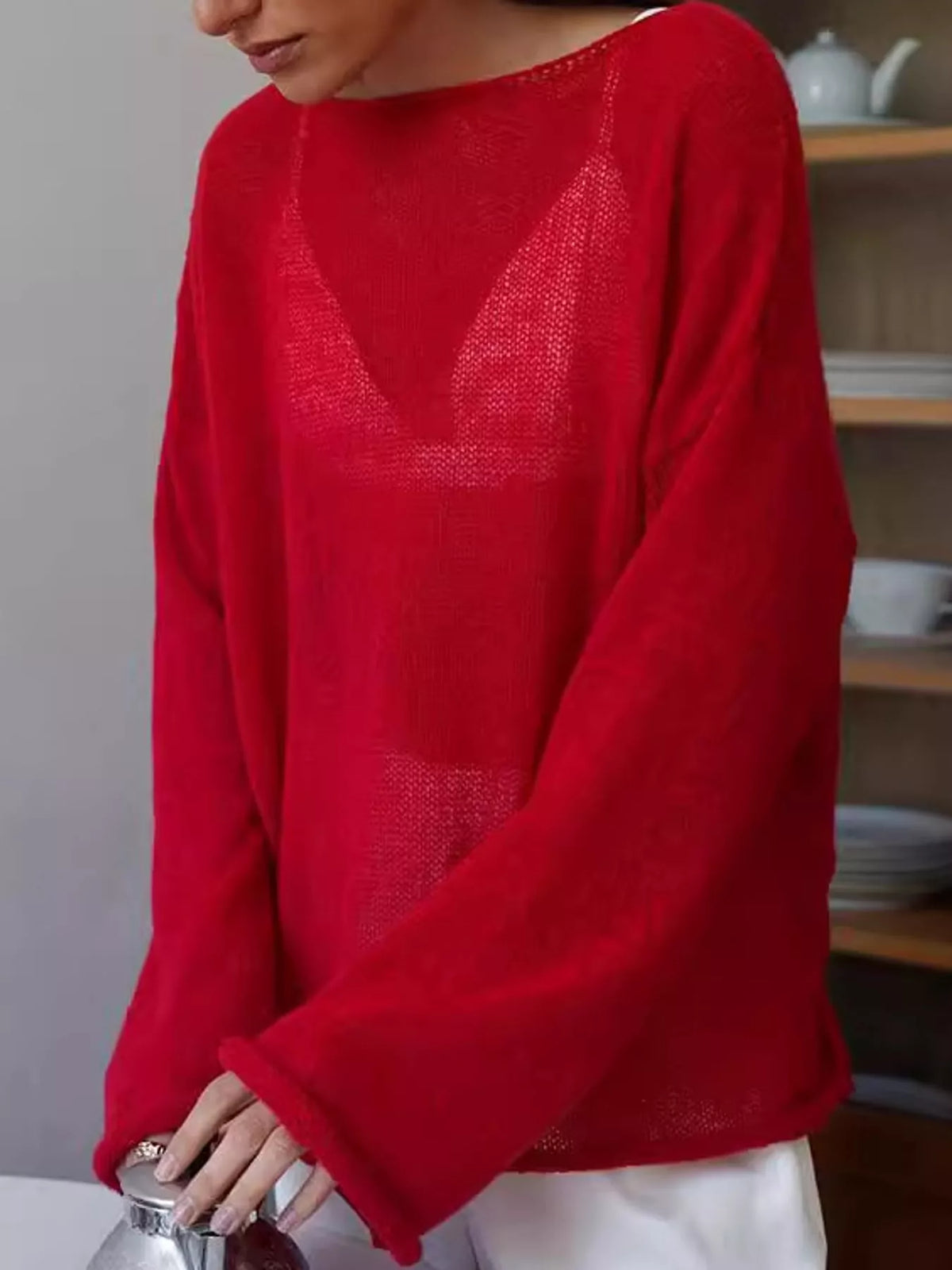 Lightweight Dropped Shoulder Knit Cover Up - Red - View 11