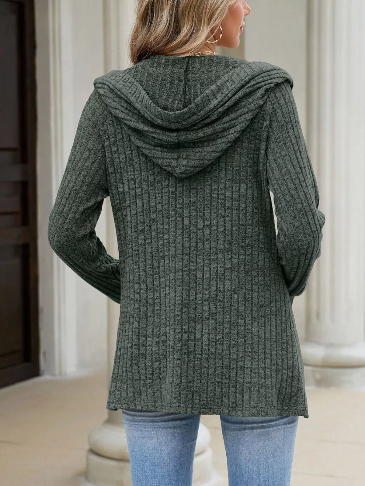 Ribbed Knit Hooded Button-Down Cardigan - Army Green - View 7
