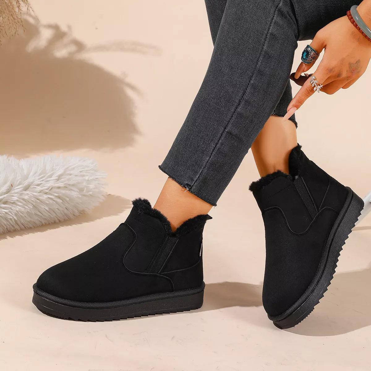 Plush Lined Winter Ankle Boots - Black - View 1