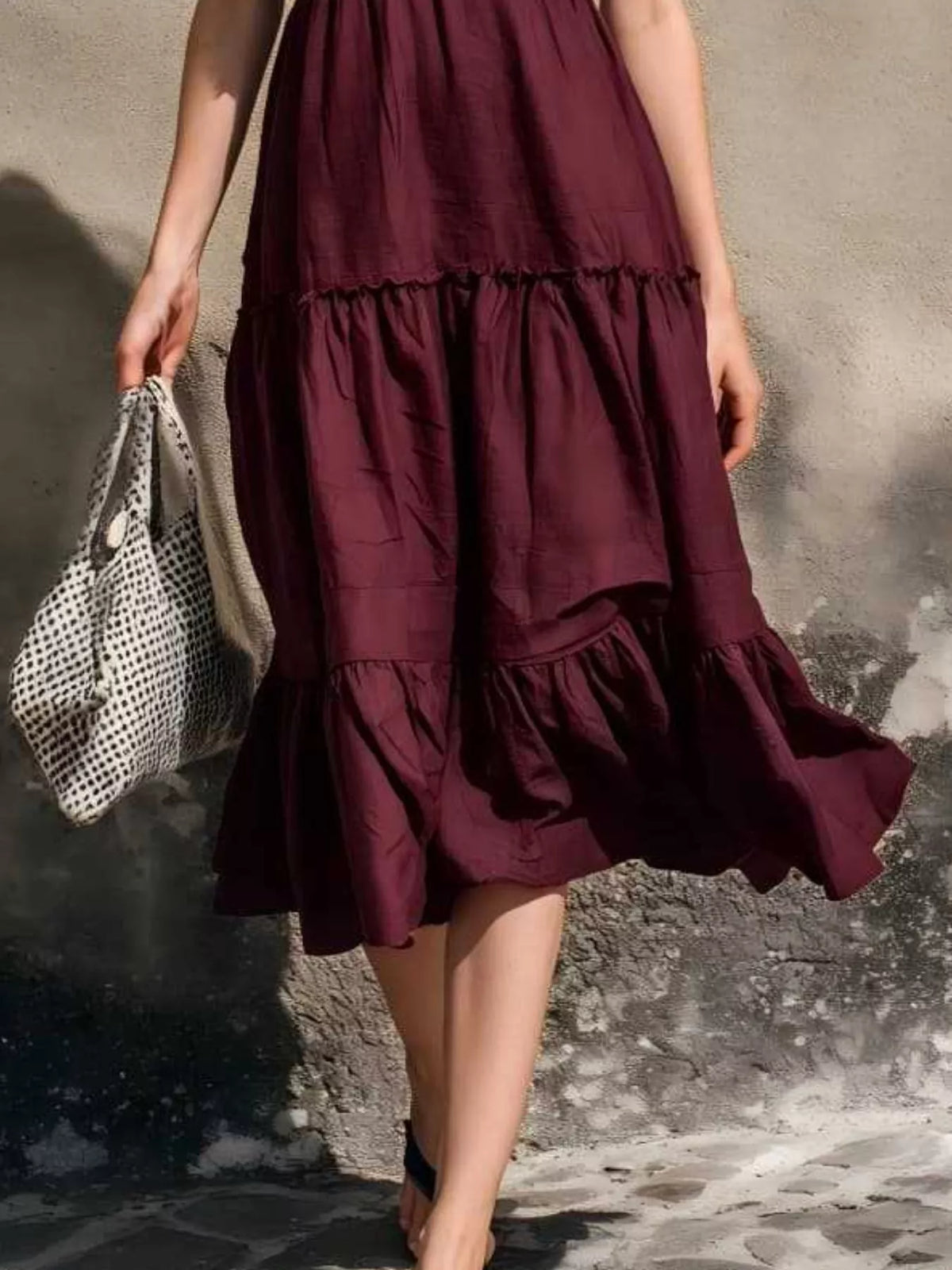 Full Size Ruffled V-Neck Tiered Midi Dress Plus Size - Burgundy - View 3