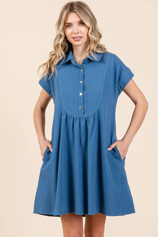 Mittoshop Twill Short Sleeve Collared Mini Dress - DENIM - View 2