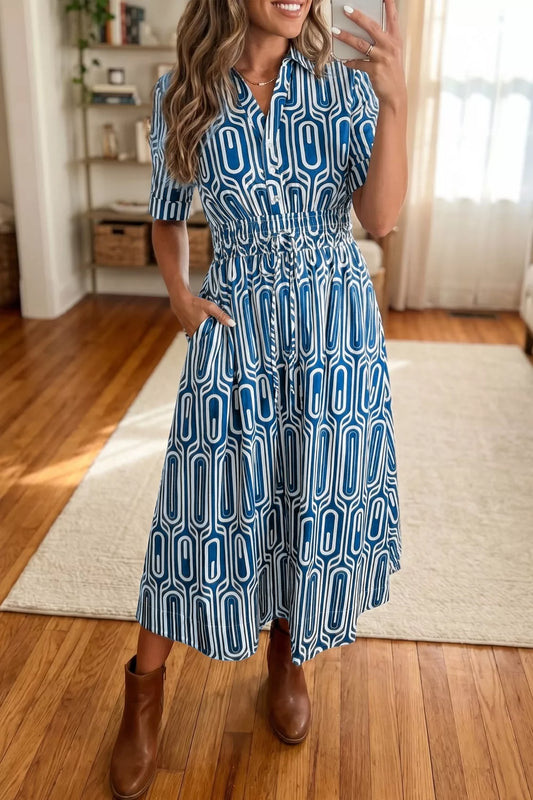 Geometric Print Short Sleeve Drawstring Shirt Collar Dress - product photo 1