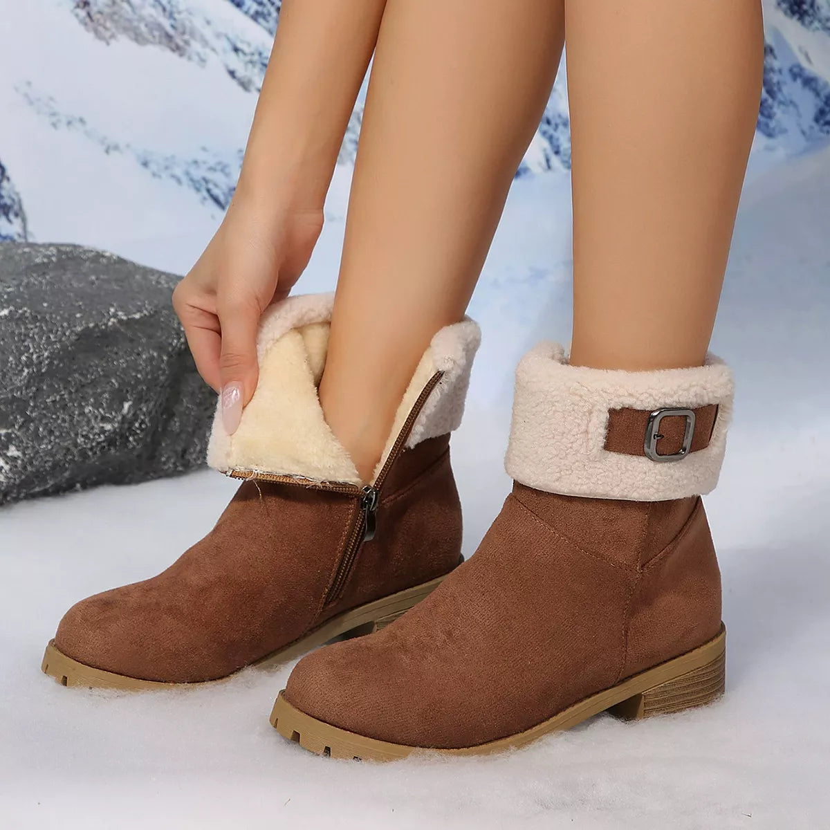 Round Toe Block Heels Boots - Brown - View 2