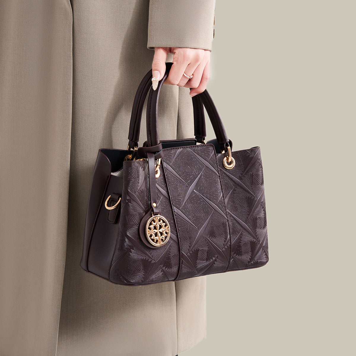 Embossed Pattern Leather Top Handle Handbag - Olive Brown - View 3