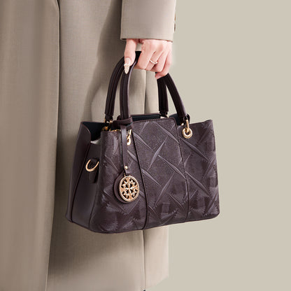 Embossed Pattern Leather Top Handle Handbag - Olive Brown - View 3