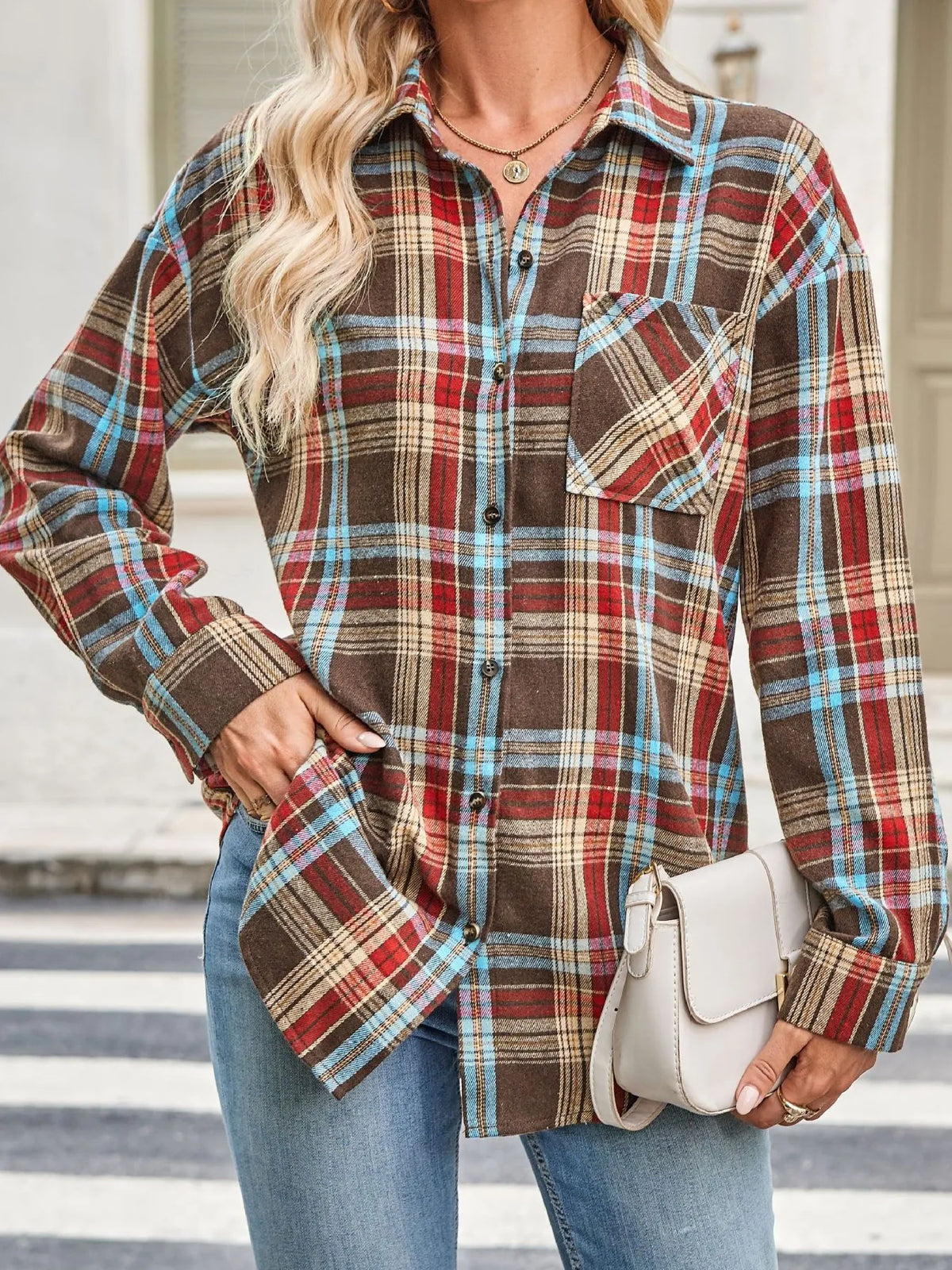 Plaid Button Up Long Sleeve Shirt - Caramel - View 5