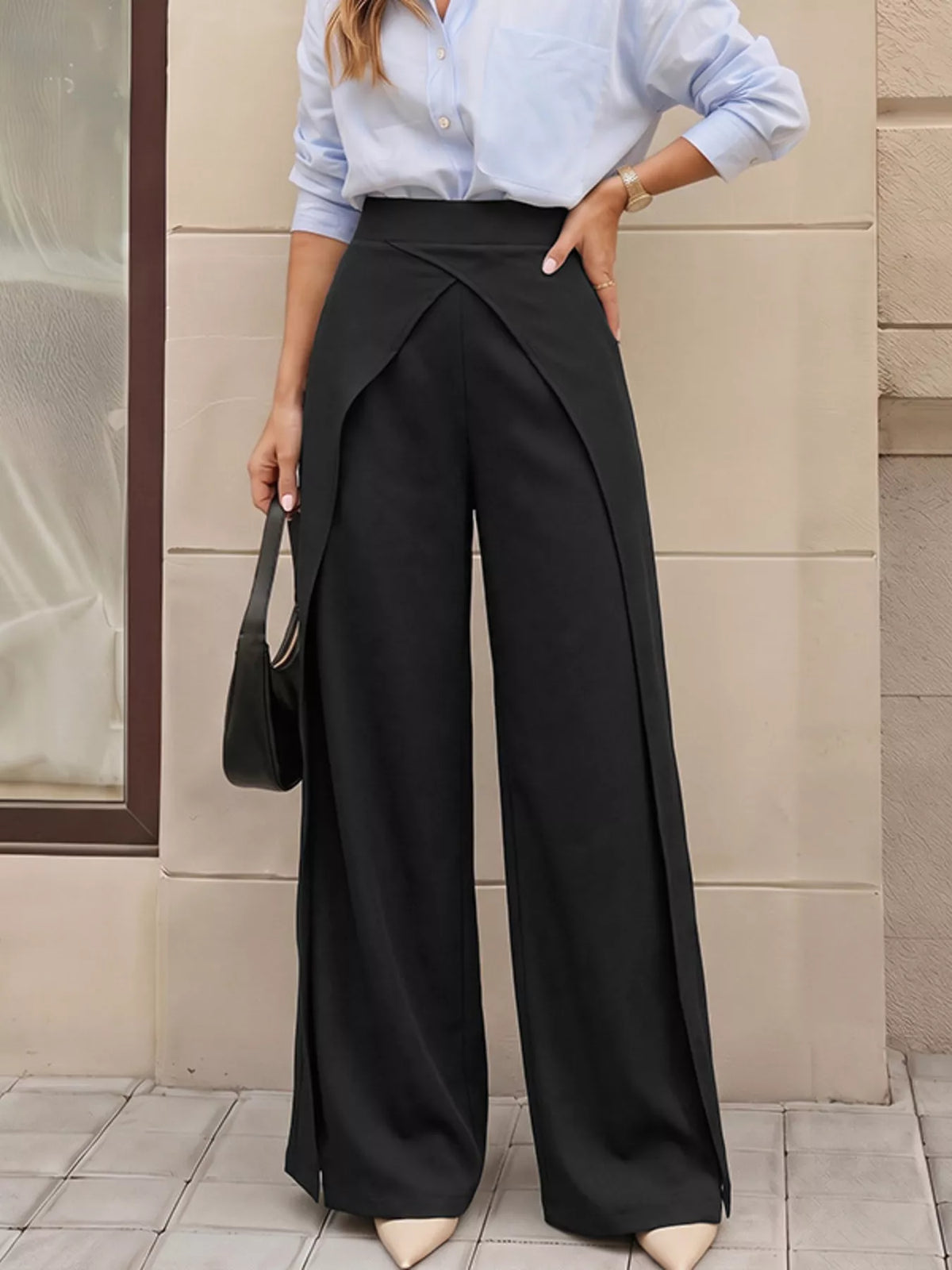 Wide-Leg Pants with Overlap Front Detail - Black - View 1