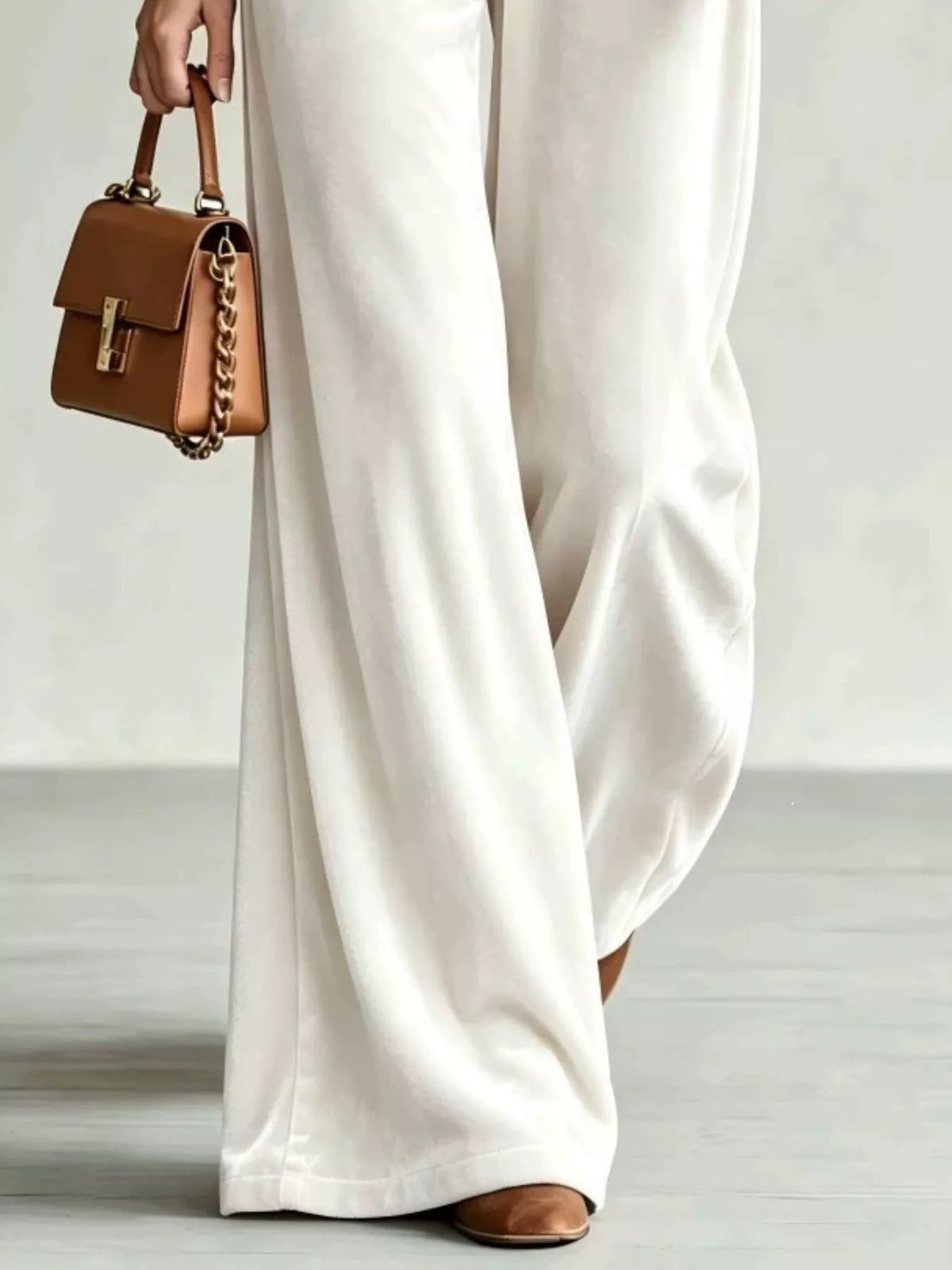Velvet Wide-Leg Pants with Drawstring - White - View 2