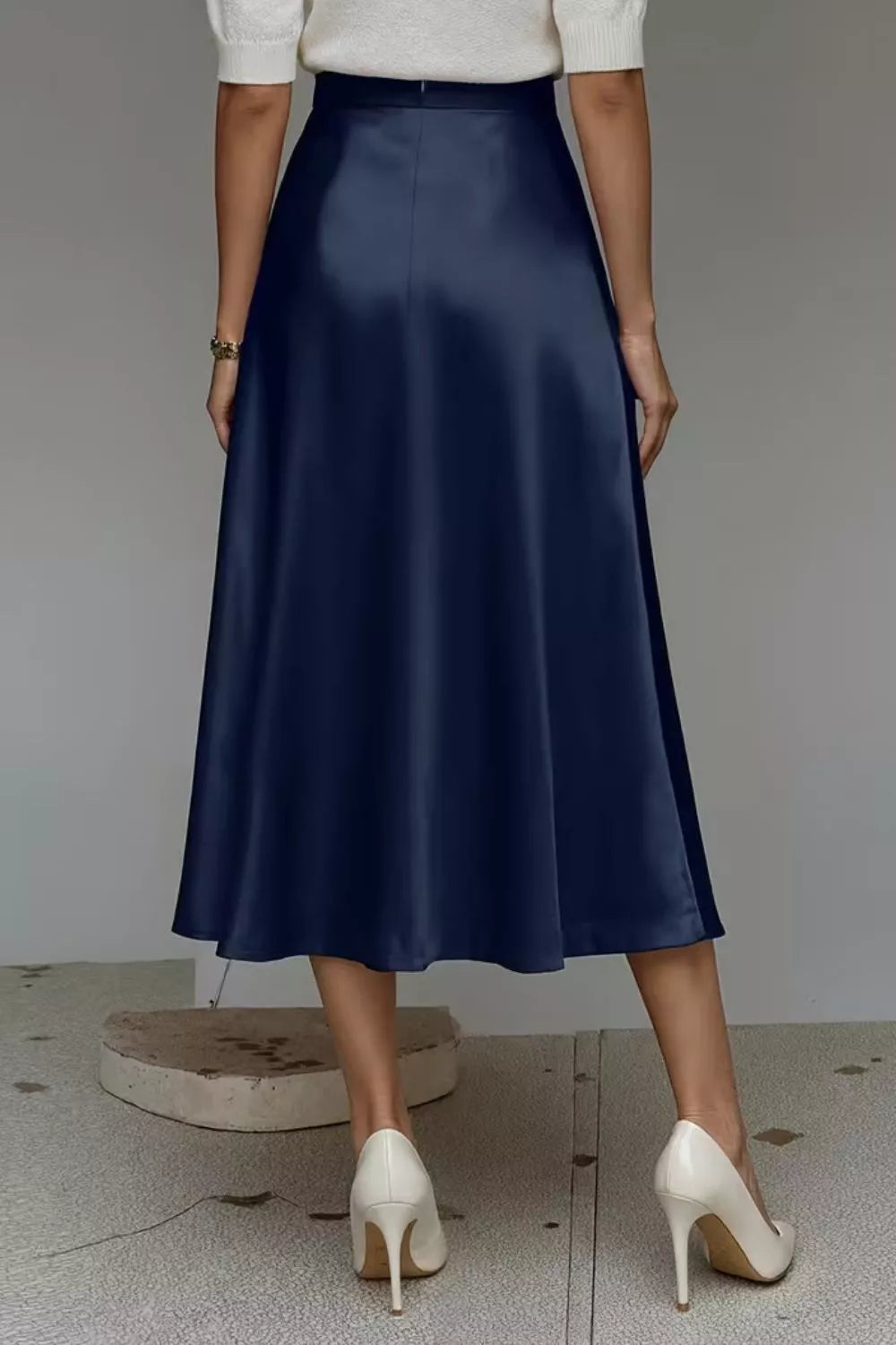 Satin A-Line Midi Skirt - Navy - View 18