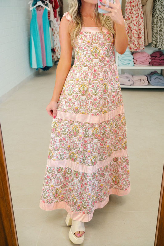 Pink Geometric Floral Patchwork Sleeveless Dress - Pink - 2